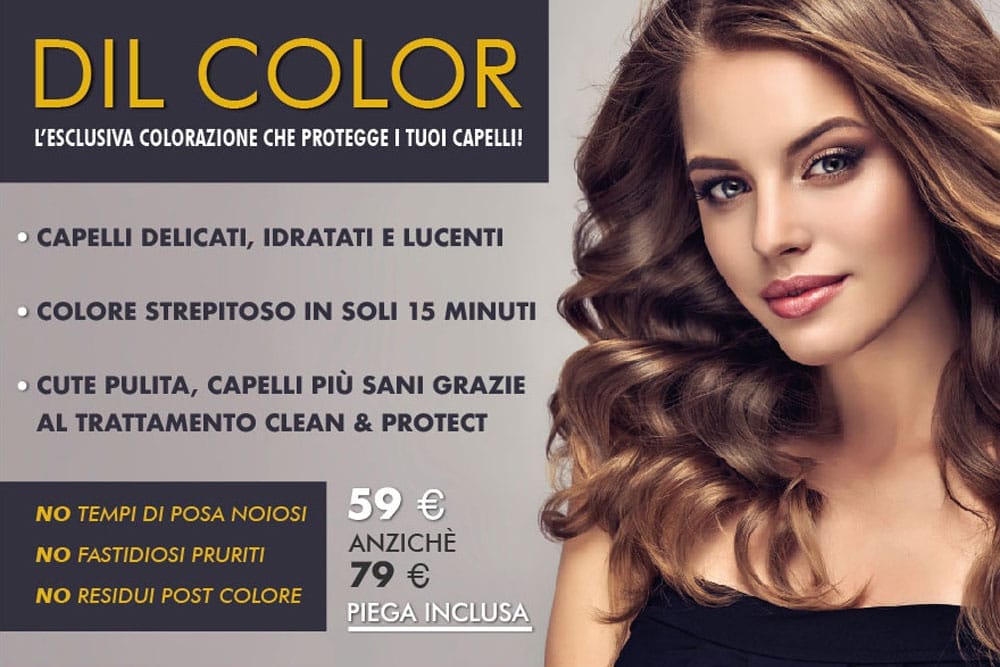 Donna con capelli castani voluminosi e lucenti che pubblicizza un prodotto per la colorazione dei capelli che offre protezione, idratazione e trattamento del colore in 15 minuti.